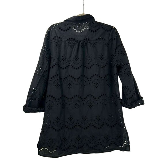 Adiva Women's Large Roll Sleeve Tab Black Eyelet Tunic Button Front Top Cover Up - Picture 2 of 16